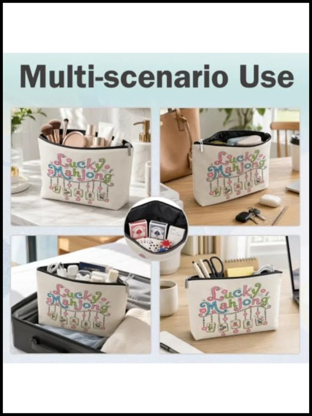 Linen Mahjong Tile Bag with Zipper for Travel